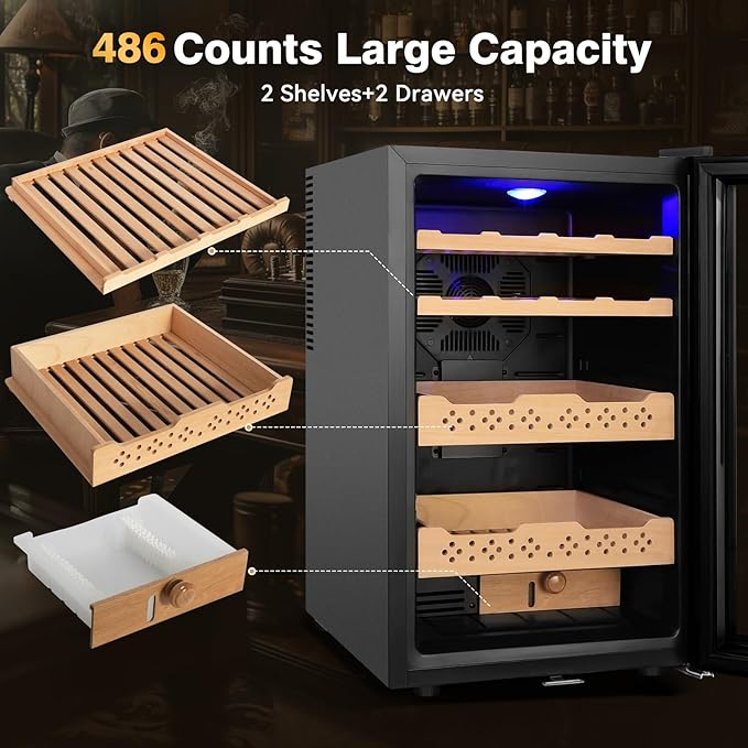 Electric Cooler Cabinet 70L with Temperature and Humidity Control, Spanish Cedar Wood Shelves and Safety Lock (500 Counts Capacity), Gift for Men - Image 6