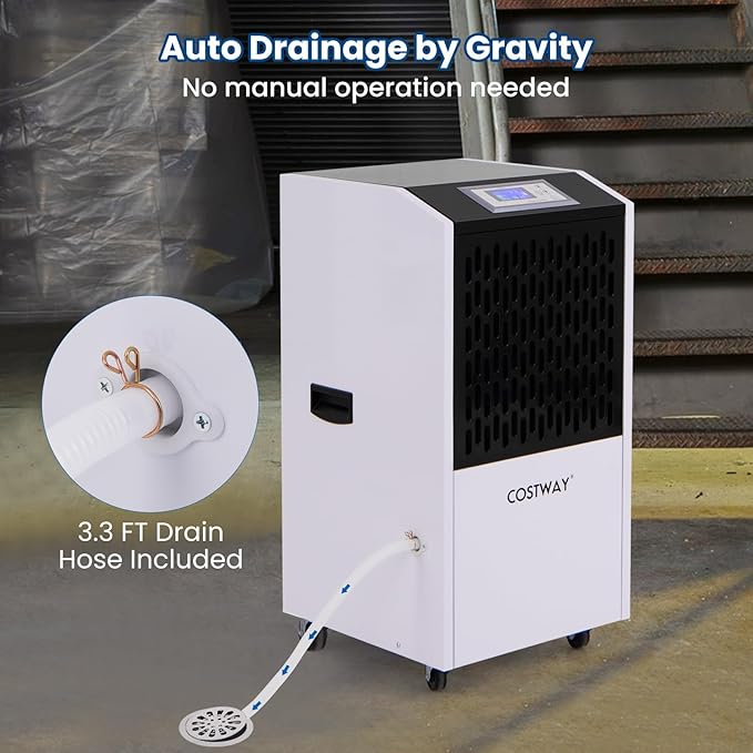 COSTWAY 250 Pints Commercial Dehumidifier with Drain Hose, Industrial Heavy Duty Dehumidifier, 24H Timer & 4 Wheels for Basement, Warehouse, Water Damage Restoration, Large Spaces up to 8,500 Sq.Ft - Image 8