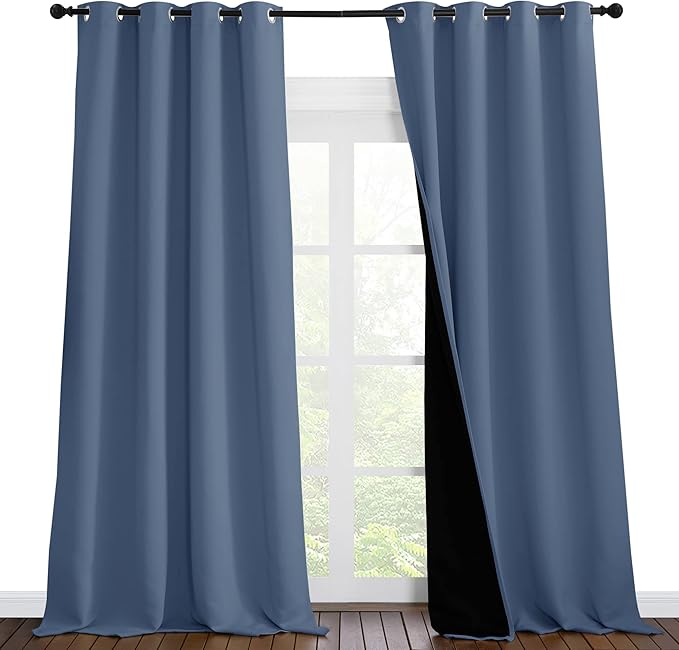 NICETOWN Cold Reducing Curtains, 100% Sun Blocking Curtains, Sound Proof Drapes with Black Backing, Full Light Blocking Panels for Patio Sliding Door (Stone Blue, 1 Pair, 55 inches x 102 inches) by NICETOWN