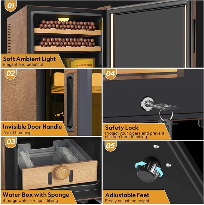 Electric Cooler Cabinet 70L with Temperature and Humidity Control, Leather Finish, Spanish Cedar Wood Shelves and Safety Lock (500 Counts Capacity), Gift for Men - Image 9