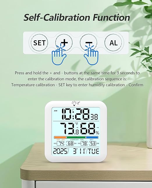 Mini Digital Indoor Thermometer Hygrometer Clock, Room Temperature Humidity Monitor with Calibration, Backlight, Air Comfort Indicator, 24H Max Min Record, Time, Alarm for Home, School - Image 5