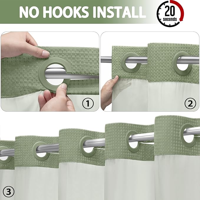 No Hook Shower Curtain and Liner Set,Sage Green Hotel Waffle Shower Curtain with Liner 75" L x 72" W - Image 2