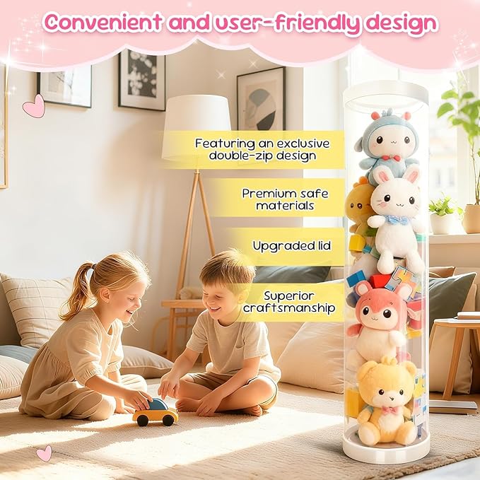 Stuffed Animal Storage Tube, 47x11 Inch Large Capacity Toy Storage Organizer with Zipper - Easy Assembly & Space Saving for Plush Toys, Ideal for Playrooms Living Rooms Bedrooms (ivory white) - Image 3