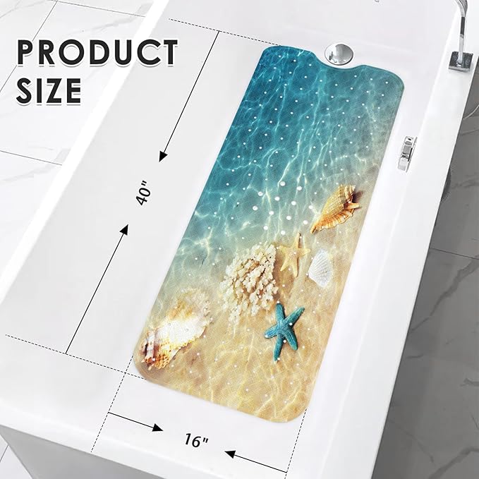 Seashell Summer Beach Bath Mat Non Slip, Starfish Blue 40 X 16 Inch Extra Long Bathtub Shower Mat for Tub Anti Slip with Suction Cups and Drain Holes for Kids Adults Elderly - Image 2