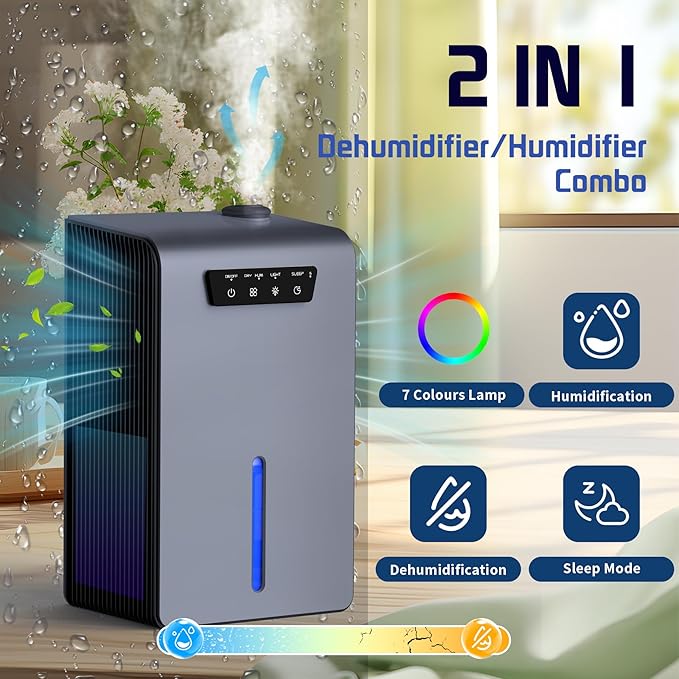 Dehumidifier,2 in 1 Humidifier Dehumidifier Combo,102 OZ Water Tank Dehumidifiers for Home Bedroom,Basement Bathroom,Auto Shut Off,Sleep Mode,7 Colors LED Light - Image 2