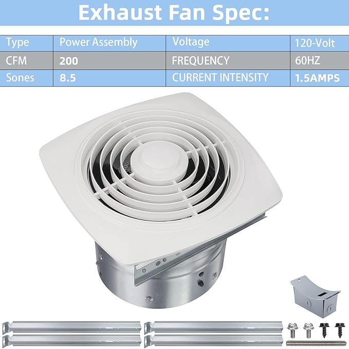 8 Inch Bathroom Exhaust Fan Ceiling Mount 200 CFM 8.5 Sones Kitchen Exhausts Fans,505 Exhaust Fan for Broan-NuTone,Vertical Discharge Ceiling Ventilation Fan for Bathroom Kitchen Laundry Room Garage - Image 5