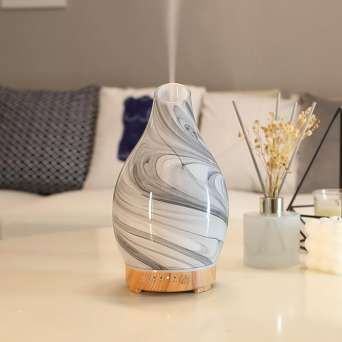 Essential Oil Diffuser, Art Glass Ultrasonic Aromatherapy Diffuser for Home 160ml with Intermittent Mist & LED 7 Colorful Changing Night Light for Bedroom-Ink Dyeing Time by inrorans