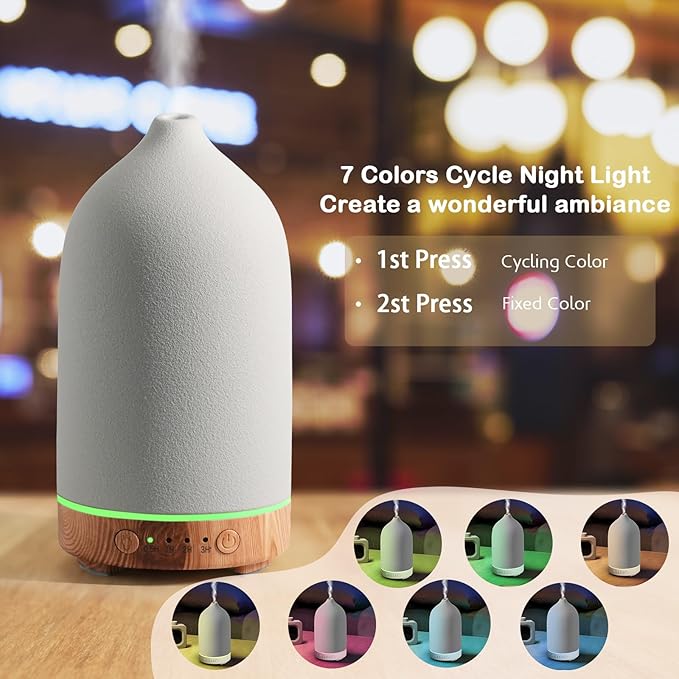 Diffuserlove Ceramic Essential Oil Diffuser 160ML Aromatherapy Diffuser for Home Bedroom Room Cool Mist Humidifier Stone Air Diffusers with Yellow Wood Pattern Base (Size:6.8" H x 3.6" W) - Image 4