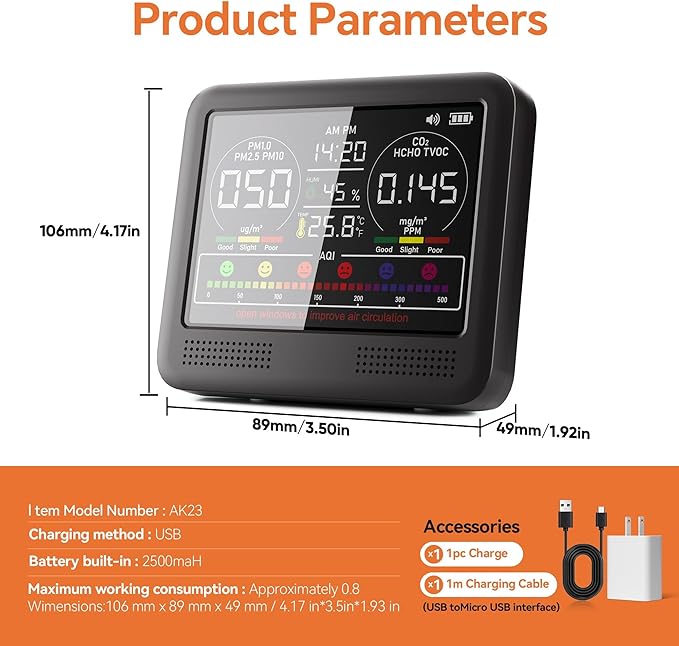 16-in-1 Indoor Air Quality Monitor with PM1.0,PM2.5,PM10,CO2,HCHO,TVOC,Temperature,Humidity,Time Display &7 AQI Alarms – Professional Air Quality Tester for Home, Office & Indoor Use (Shinning Black) - Image 8