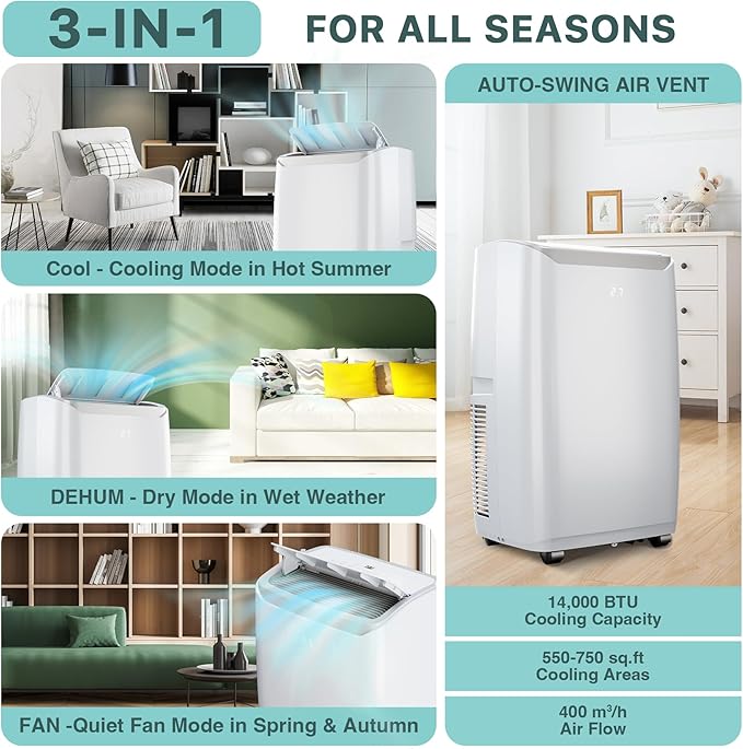 14,000 BTU Portable AC Unit– 4-in-1 Portable Air Conditioner with Cooling, Dehumidifier, Fan & Sleep Mode for Rooms Up to 700 Sq.Ft, Remote Control, LED Display, 24H Timer, White+Black-3032 - Image 2