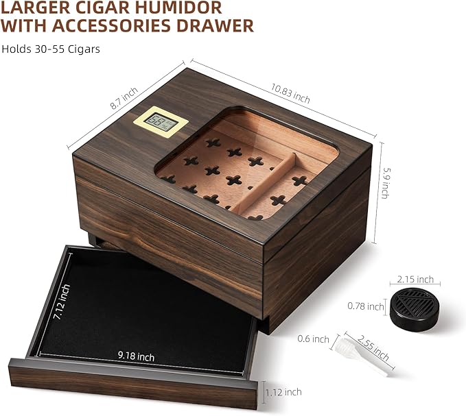 Cigar Humidor, Modern Glass Top Cedar Humidor Cigar Box with Accessory Drawer, Digital Hygrometer,Handcrafted Cedar Wood Tray and Divider, Cigar Case for 30-55 Cigars, Cigar Accessories for Men - Image 3