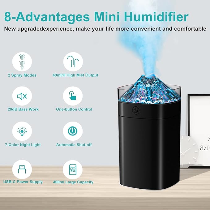 Portable Mini Humidifier, 400ml Small Humidifier with 2 Modes Large Spray, USB Personal Desktop Humidifiers for Home Bedroom Car Office Travel Yoga with 7 Color LED Light, Auto-Off, Bass Work(Black) - Image 2