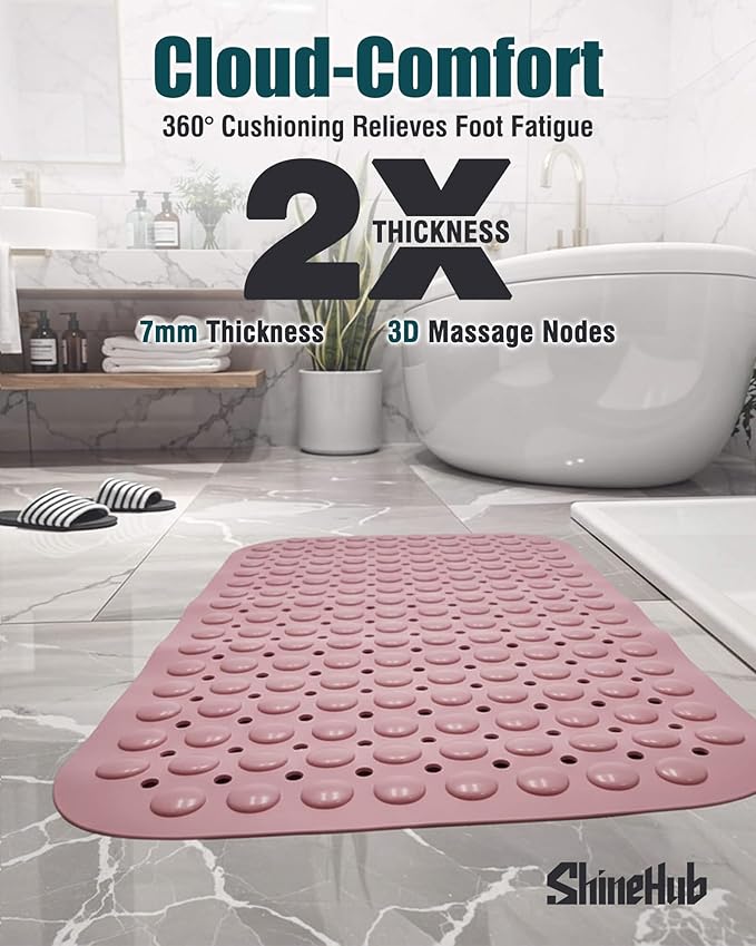 Non-Slip Bath Mat for Tub Shower, TPE Machine Washable Bathroom Essentials with Suction Cups, Quick-Dry 28x16 inch (Dusty Blossom Pink) - Image 3