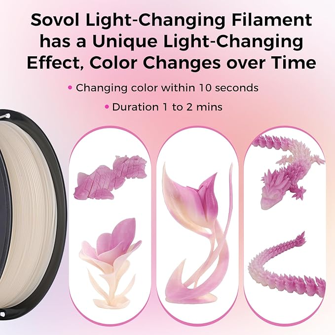 Sovol 3D Printer Photosensitive Filament Single Color Light Change PLA 1kg (2.2 lbs) Spool 3D Printing Materials, Dimensional Accuracy +/- 0.03 mm, 1.75 mm, Light Change Purple - Image 2