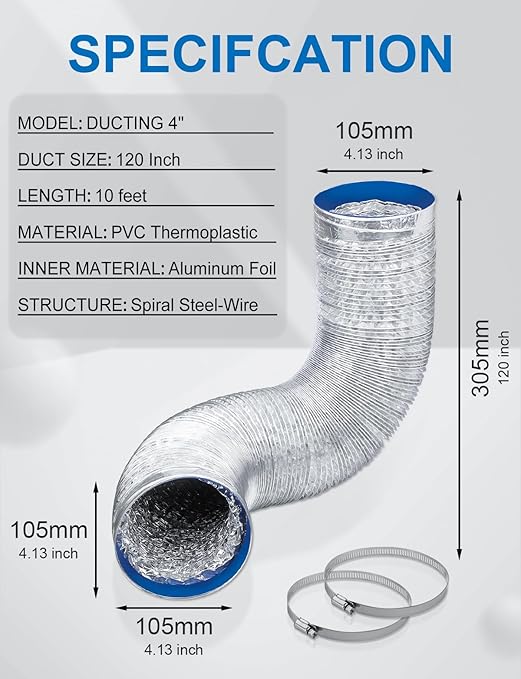 Wathai 4 Inch Flexible Dryer Vent Hose, 10ft Thick Aluminum Foil Ducting Kit for Tight Spaces Crush-Resistant Exhaust Hose with 2 Clamps, Ventilation Duct for Dryer and HVAC Systems - Image 3
