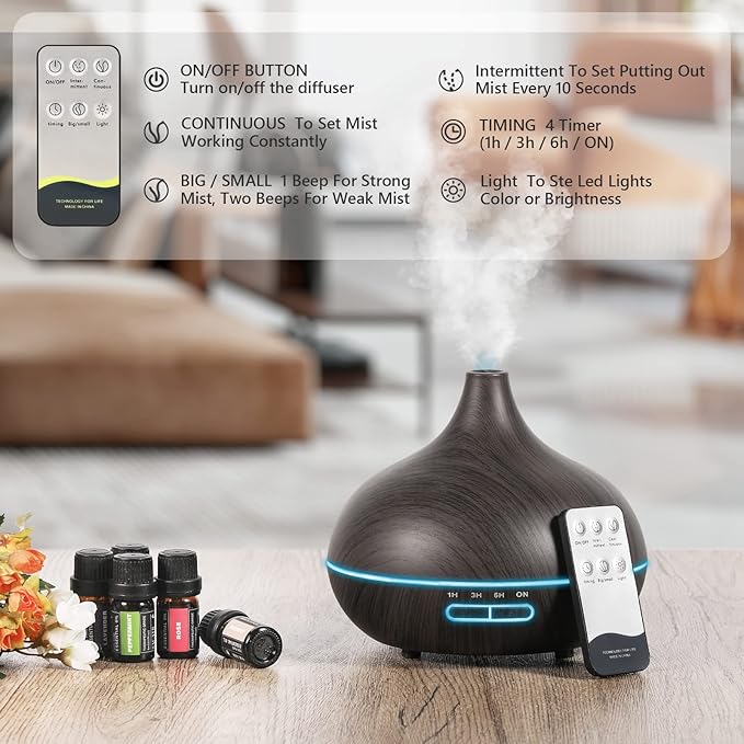 SACATR Aroma Diffiser with Essential Oils Set, 550 ML Essential Oil Diffuser with Remote, Ultrasonic Technology Aromatherapy Diffusers Auto Shut-Off for Office, Home - Image 3