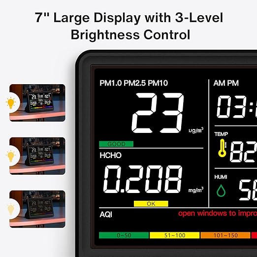 16 in 1 Air Quality Monitor Indoor 7" Display 9 AQI+7 AQI Alerts, CO2 Monitor Air Quality Tester for CO2, TVOC, PM2.5 PM1.0 PM10, HCHO Temperature Humidity AQI & Time Air Quality Meter for Home - Image 9