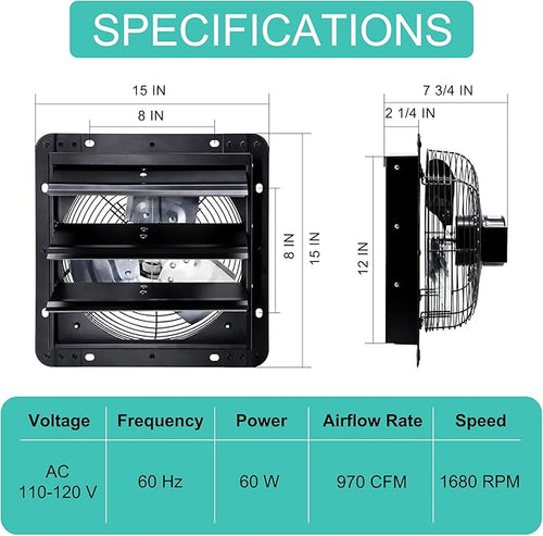 12 Inch Shutter Exhaust Fan, Wall Mount Attic Fan with Power Cord for Greenhouse, Shed, Garage, Barn, Chicken Coop Ventilation, 970 CFM, Black - Image 2