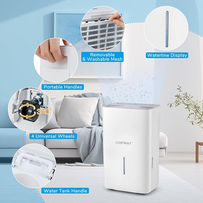 COSTWAY 65 Pints Energy Star Dehumidifier, 5000 Sq.Ft Portable Large Home Dehumidifier for Basements with 2 Modes & 3 Fan Speeds, 1.4 Gallon Tank - Image 7