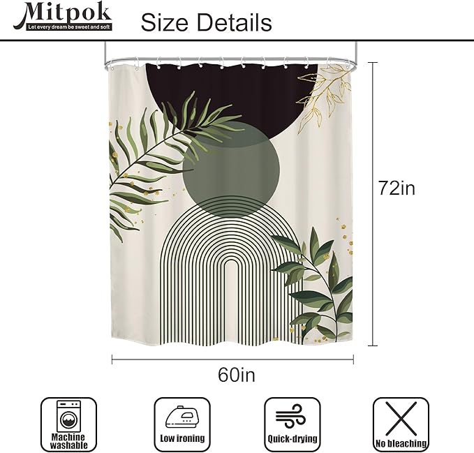 Dark Green Boho Shower Curtain 60Wx72H Black Green Modern Bohemian Mid Century Abstract Gold Leaves Plant Bathroom Decor Minimalist Geometric Neutral Bath Curtain Fabric Polyester 12 Pack Hooks - Image 5