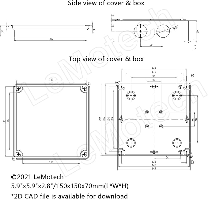 LeMotech ABS Plastic Dustproof Waterproof IP65 Junction Box Universal Electrical Project Enclosure White 5.9 x 5.9 x 2.8 inch (150 x 150 x 70 mm) - Image 6