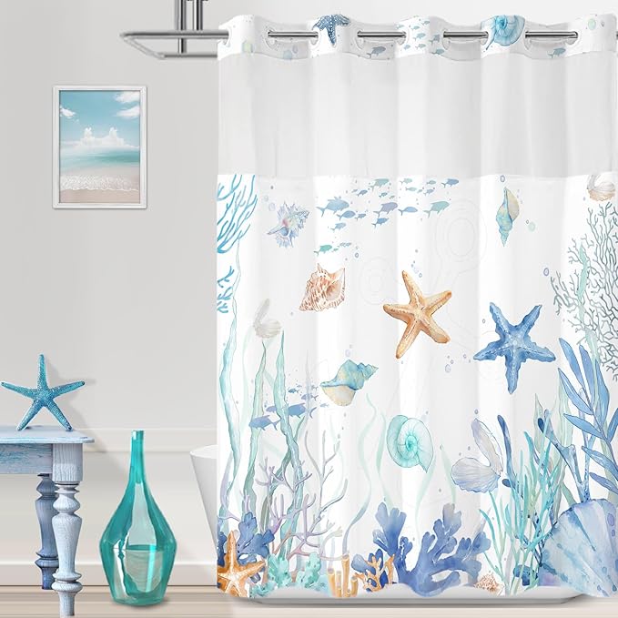 No Hook Shower Curtain with Snap in Liner, Beach Ocean Nautical Coastal Shower Curtains and Liner Set for Bathroom, Seashell Hotel Fabric Bath Curtain, Waterproof Washable, Watercolor Blue 71" x 74" by TWLSNCD