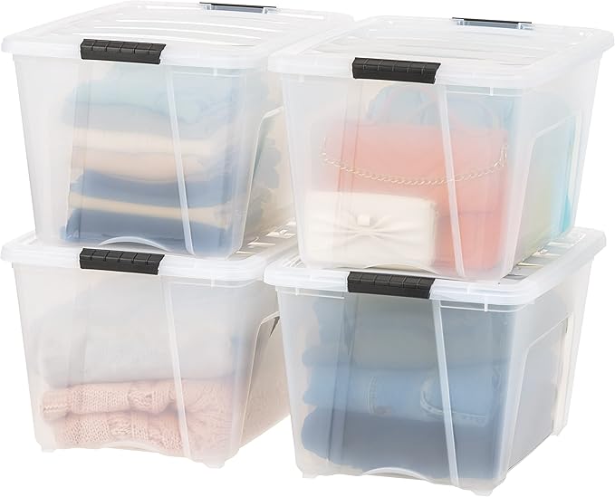 IRIS USA 54 Qt Stackable Plastic Storage Bins with Lids, 4 Pack - BPA-Free, Made in USA - See-Through Organizing Solution, Latches, Durable Nestable Containers, Secure Pull Handle - Clear by IRISUSA