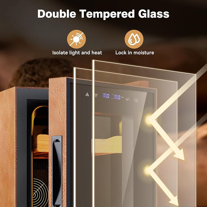 Electric Cooler Cabinet 25L with Temperature and Humidity Control, Leather Finish, Spanish Cedar Wood Shelves and Safety Lock (200 Counts Capacity), Gift for Men - Image 9