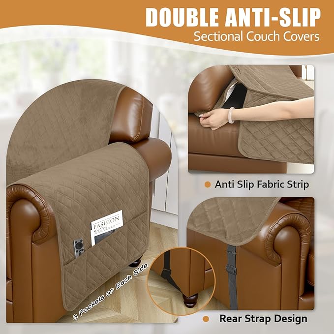 Arfntevss Waterproof Sectional Couch Covers L Shape Washable Velvet Sofa Cover for Sectional Non Slip Corner Slipcovers Dog 6 Pcs Universal U Shaped Furniture Protector (Light Camel, XX-Large) - Image 4