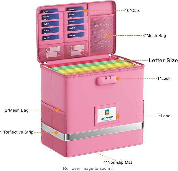 Fireproof File Box with Lock, Document Box Storage Organizer, Suitable for Hanging File Folders in Letter Size, Collapsible File Box, Reflective Strip for Fast Find (12.2"*6"*10.2, Pink) - Image 3