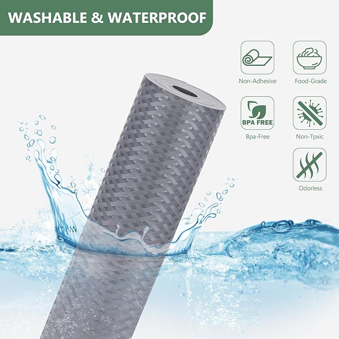 Shelf Liners, Non-Adhesive Drawer Liner, Waterproof & Oil-Proof Kitchen Cabinet Cupboard Liner Plastic EVA Material BPA Free Fridge Liner Mats Paper Protector for Shelves (Grey/16in x 240in) - Image 2