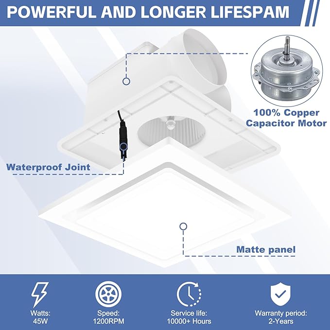 Bathroom Exhaust Fan with Light,11.8 In Panel,6000K 12W Square LED,141 CFM,0.7 Sones 4 Inches Duct 110V,Quiet Bathroom Ventilation Exhaust Fan for Shower/Restroom/Office/Home(6000K LED) - Image 4