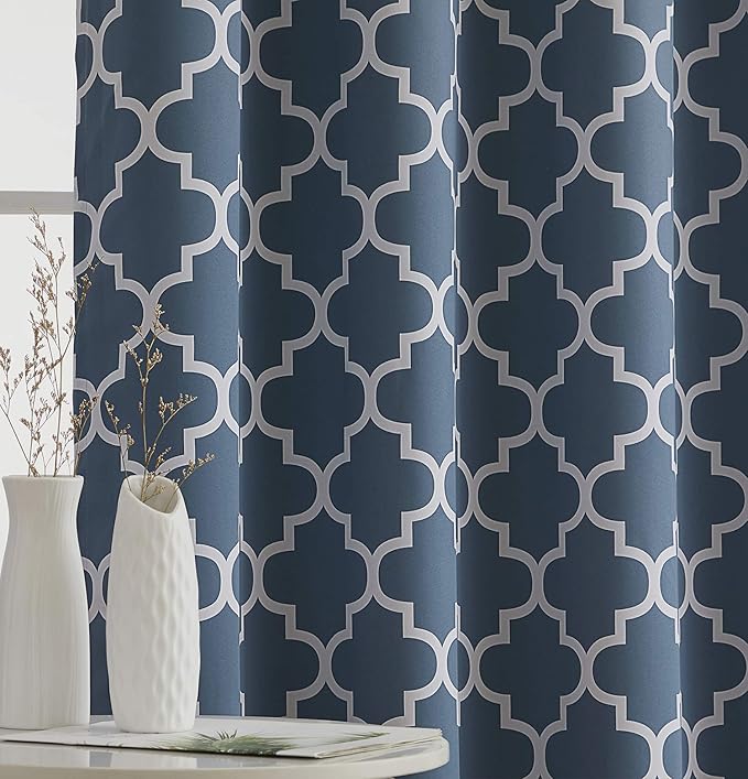 HLC.ME Lattice Print Decorative Blackout Thermal Insulated Privacy Room Darkening Grommet Window Drapes Curtain Panels for Bedroom - Dusty Blue - Set of 2-52 x 84 Inch Length - Image 4