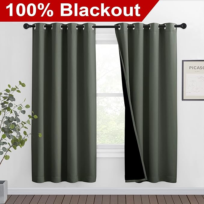 NICETOWN 100% Blackout Window Curtain Panels, Full Light Blocking Drapes with Black Liner for Nursery, 72-inch Drop Thermal Insulated Draperies (Dark Mallard, 2 Pieces, 46-inch Wide Per Panel) - Image 2