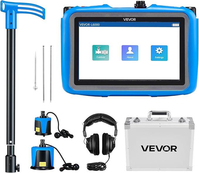 VEVOR Pipe Water Leak Detector for Outdoors, 1Hz-10000Hz, 7" Touchscreen Leakage Detection Locator for 16.4FT (5m) Underground Plumbing - with Medium & Large Sensor, 3 Listening Rods, Headphone & Case by VEVOR