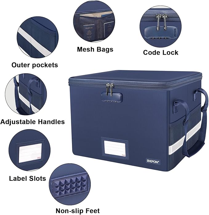 ENGPOW File Box with Lock, Fireproof Document Box with Pockets, Collapsible File Organizer Filing Storage Cabinet with Handle, Portable Home Office Safe for Hanging Letter/Legal Folders, Blue, 2 Pack - Image 4