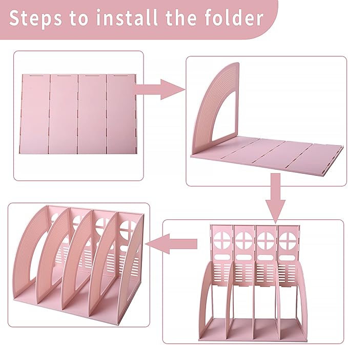 Marte Vanci Magazine File Holder, Binder Holder with 4 Vertical Compartments, Desktop Folder Organizer File Sorter Dividers for Book, Document Storage Home School Office Supply (Pink) - Image 3