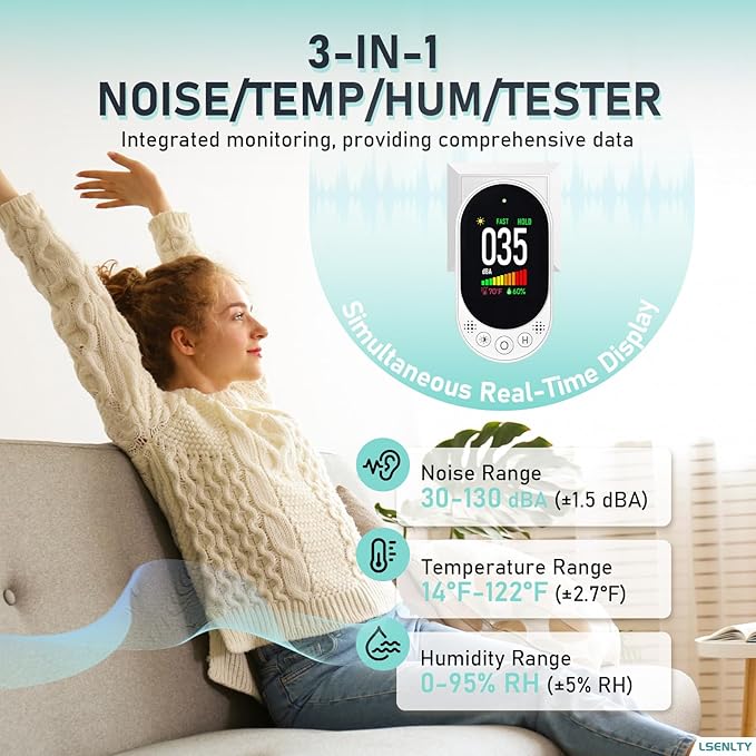 Decibel Meter Plug-in Wall, 30-130dB Sound Level Meter, Data Hold&Max/Min&Fast/Slow Response 3-in-1 Noise Detector(TEM&Humidity), A-Weighted Noise Measuring Device for Classroom Home Library - Image 4