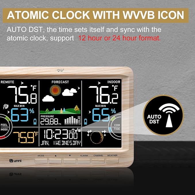 Weather Station Indoor Outdoor Thermometer Wireless, Home Atomic Clock with Large Constant Display, Inside Outside Temperature Humidity Monitor, Dew Heat Point, Barometer Wood - Image 4