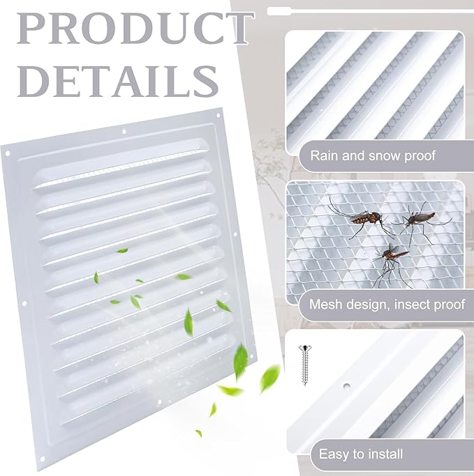 2 Pcs Attic Vent 10" X 10" Shed Vents Metal Gable Vents for Houses Wall Vent with Screen Vent Covers for Home Garage Attic Ceiling, Boost Ventilation and Guard Against Moisture (White) - Image 3