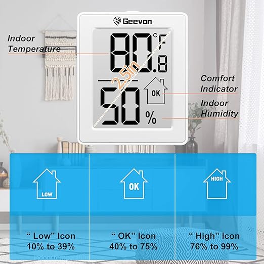 Geevon 2 Pack Hygrometer Indoor Thermometer Room Humidity Gauge with Battery, Digital Temperature Gauge Humidity Meter Indicator for Home, Office, Greenhouse, Mini Hygrometer,White - Image 2