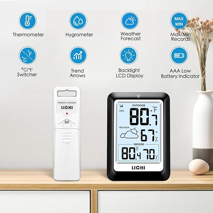 Indoor Outdoor Thermometer Wireless Weather Station, Internal External Thermometer Hygrometer, Home Batteryoperated Temperature Humiditymonitors330 Feet (About 100 Meters) Backlight Display (Black) - Image 3