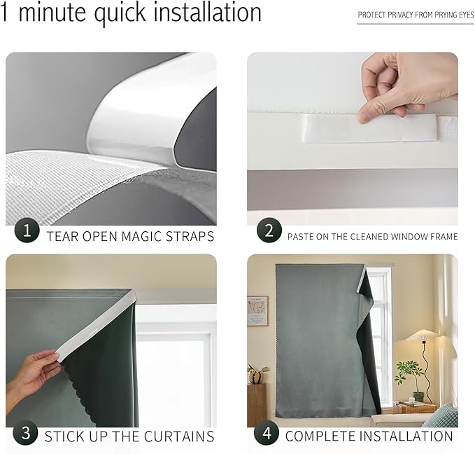Adhesive Curtain 100% Blackout No-Drill Easy Install for Bedroom Blinds Light Blocking (Silver Gray-59 W x 63" L-1P) - Image 2