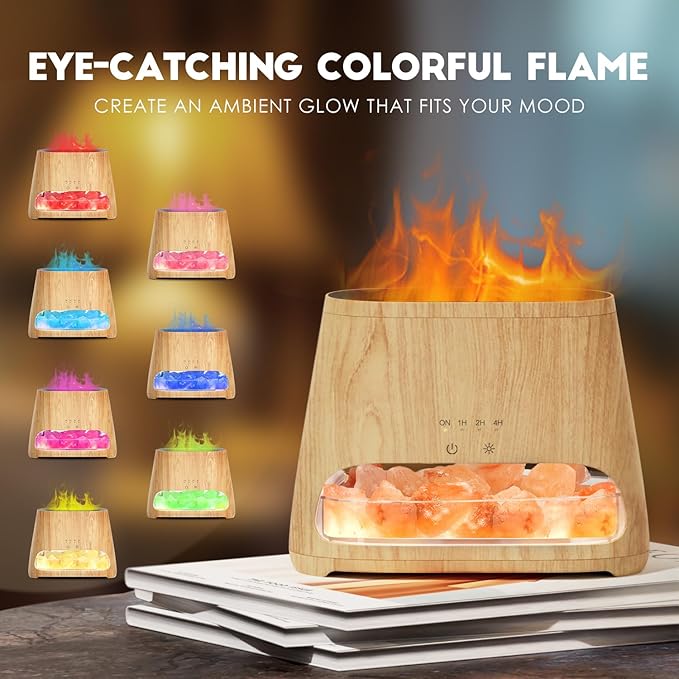 SALKING Colorful Flame Fire Diffuser Humidifier, Himalayan Salt Lamp, 7 Colors Changing Oil Diffuser, Ultra-Quiet Essential Oils Aromatherapy Diffusers for Large Room, Bedroom,150ml (Wooden Grain) - Image 3