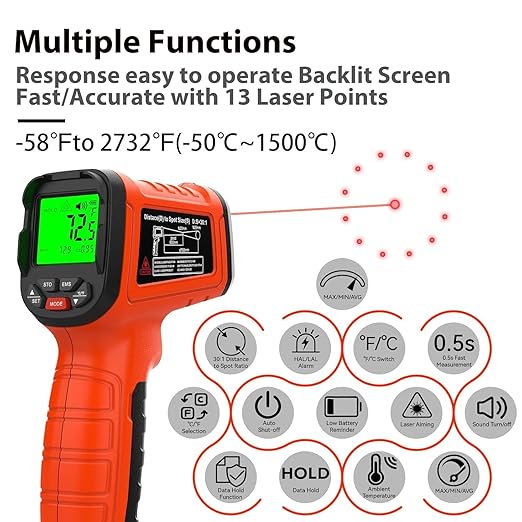 50:1 Infrared Thermometer Gun, -58°F to 2732°F Non-Contact Laser Temperature Gun for Cooking, Pizza Oven, Reptile, Griddle, Digital Temp Gun for HVAC and Industrial Use - Image 5
