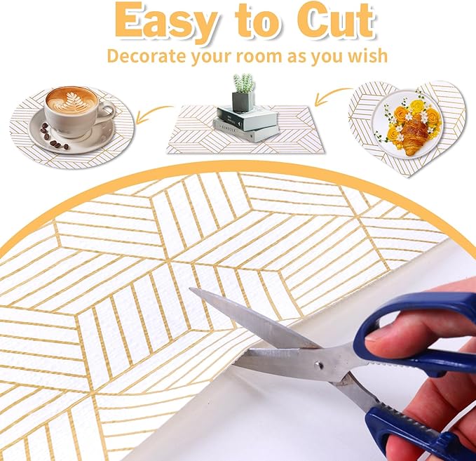 Shelf Liners for Kitchen Cabinets Non Adhesive Shelf Liner Paper Non-Slip Thickened Drawer Liner Easy to Clean for Tool Box Refrigerator with Knife and Tape Measure, Gold Geometric, 11.8 x 354.3 in - Image 4