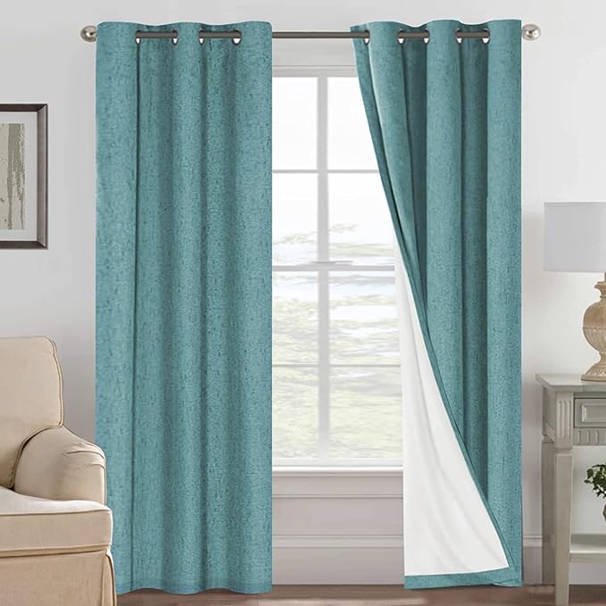 H.VERSAILTEX Primitive Linen Curtains 100% Blackout Curtain Drapes Burlap Fabric Curtains with White Thermal Insulated Liner, Grommet Top Drapes Living Room/Bedroom (2 Panels, 42 x 84 Inch, Teal) by HVERSAILTEX