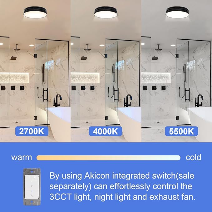 Akicon Bathroom Exhaust Fan with Light, 110CFM, 2.0 Sones for Ceiling, 1000lm Dimmable LED Light and 150lm Nightlight Dual Color Bathroom Vent Fan for Home, Round, Black - Image 3