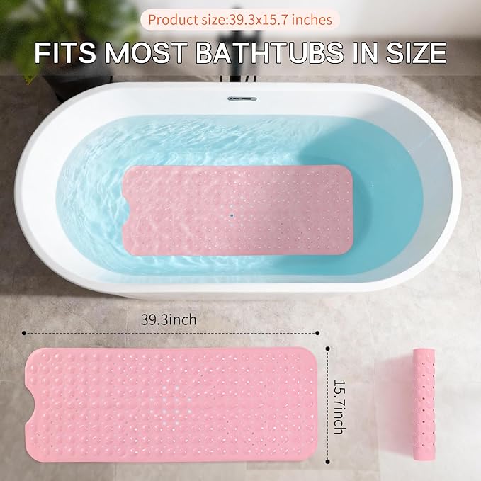 Anti-Slip Bathtub Shower mat, 39.3×15.7 inch（Approximately 100 × 40cm） Soft Oversized Machine Washable Non-Slip Bathtub mat with Drainage Holes, Bathroom Floor Suction Cup.（1-Opaque Pink） - Image 4