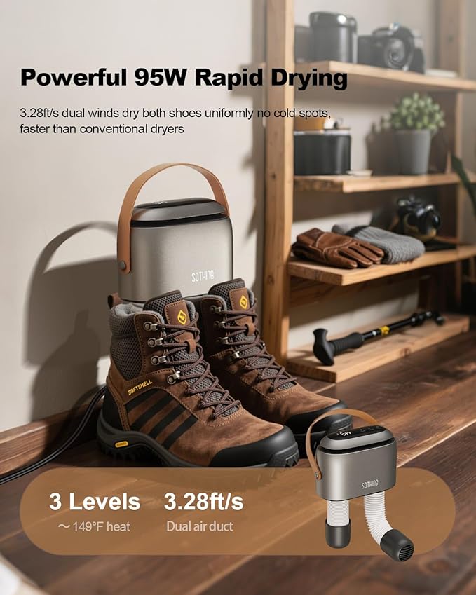 SOTHING Boot Dryer, Portable Shoe Dryer for Sneakers, Ozone Deodorizer, Retractable Hoses, 95W Rapid Drying, 3 Heat Levels, LED Touch Panel, 1–9H Timer, for Work Boots, Soccer Cleats, Gloves - Image 2